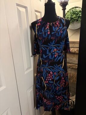 Maeve Navy Cold-Shoulder Floral Midi Dress with Blue and Pink Accents